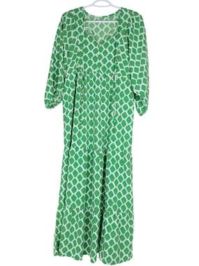 MIDUO Womens Medium Green Floral Maxi Dress Boho Tiered 3/4 Sleeve